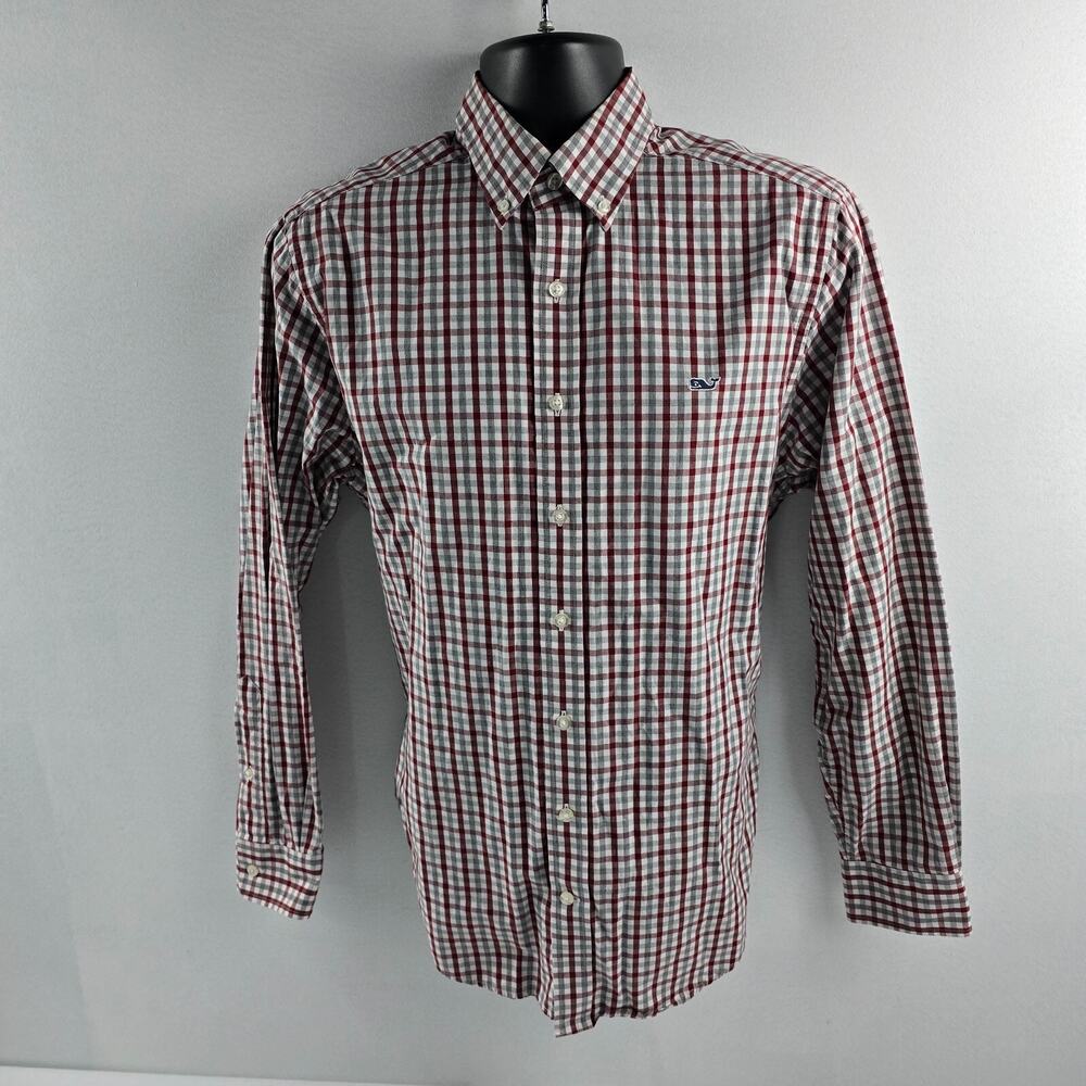 Vineyard Vines slim fit whale shirt plaid gray red men M long sleeve button down